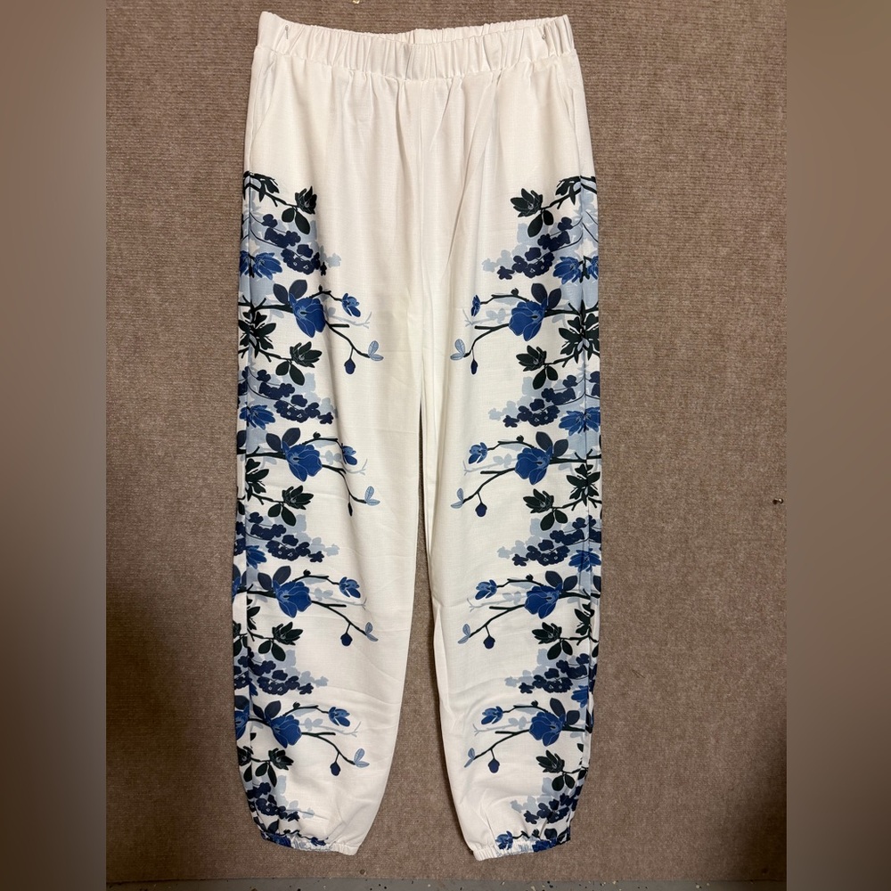 White Floral Print Jogger Pants with Blue & Navy Accents